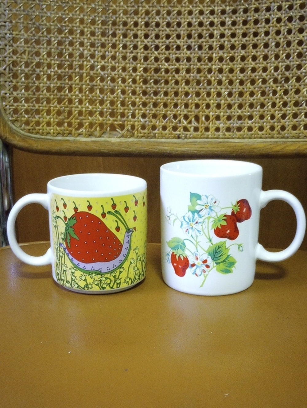 2 Colorful Strawberry Stoneware Mugs. White Yellow Red Green Purple Blue